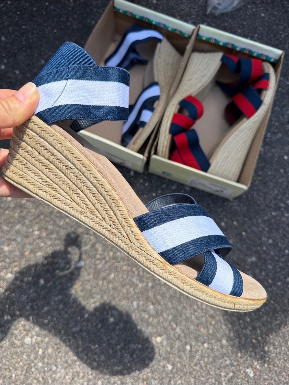 CHARLESTON SHOE CO. Striped Espadrille Wedge Sandals - Navy & White, Navy & Red
